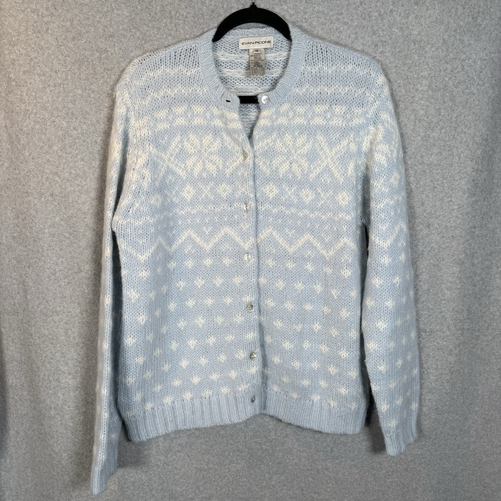 Evan Picone Cardigan‎ Womens Medium Vintage Fair Isle Mohair Blue Soft